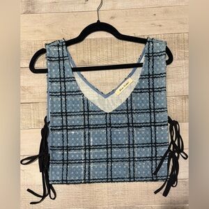 Blue Plaid Sleeveless Vest with Black Accents